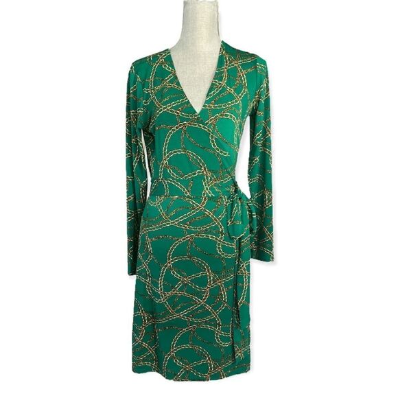 C. Wonder Chain Print Ultra Marine Green Long Sleeve Self Tie Wrap Dress Size S - Picture 4 of 7